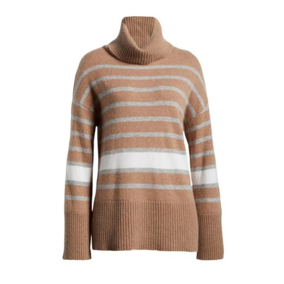 NEW Magaschoni Toasted Brown Combo Stripe Cashmere Turtleneck Sweater Size L - Picture 1 of 6